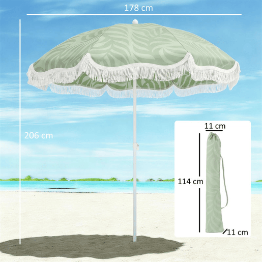 Outsunny Chapéu de Sol de Praia com Franjas Ø180 cm Chapéu de Sol de Terraço Exterior com Altura Ajustável Inclinação Ancoragem na Areia e Bolsa de Transporte UPF30+ Estampado de Folhas Verde