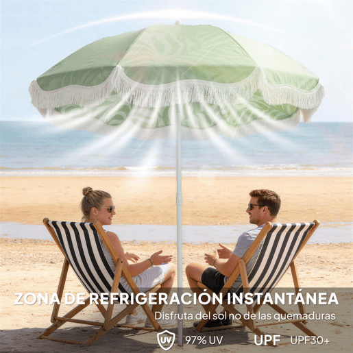 Outsunny Chapéu de Sol de Praia com Franjas Ø180 cm Chapéu de Sol de Terraço Exterior com Altura Ajustável Inclinação Ancoragem na Areia e Bolsa de Transporte UPF30+ Estampado de Folhas Verde