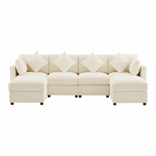 Sofá modular de 6 lugares - UL convertível, chenille, 2 pufes, braços ajustáveis, 4 almofadas e 2 apoios de cabeça - Bege Sofá modular de 6 lugares - UL convertível, chenille, 2 pufes, braços ajustáveis, 4 almofadas e 2 apoios de cabeça - Bege