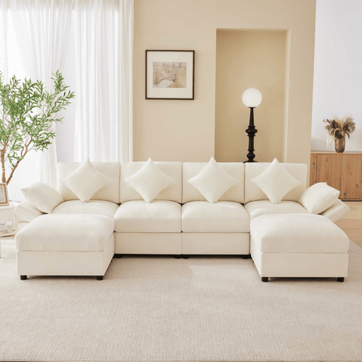 Sofá modular de 6 lugares - UL convertível, chenille, 2 pufes, braços ajustáveis, 4 almofadas e 2 apoios de cabeça - Bege Sofá modular de 6 lugares - UL convertível, chenille, 2 pufes, braços ajustáveis, 4 almofadas e 2 apoios de cabeça - Bege