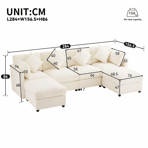 Sofá modular de 6 lugares - UL convertível, chenille, 2 pufes, braços ajustáveis, 4 almofadas e 2 apoios de cabeça - Bege Sofá modular de 6 lugares - UL convertível, chenille, 2 pufes, braços ajustáveis, 4 almofadas e 2 apoios de cabeça - Bege