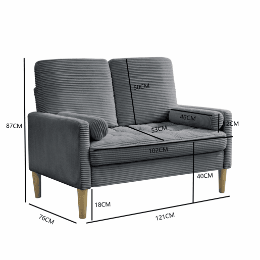 Sofá de 2 lugares - estilo escandinavo, estofado em veludo cotelê com almofadas acolchoadas - cinzento