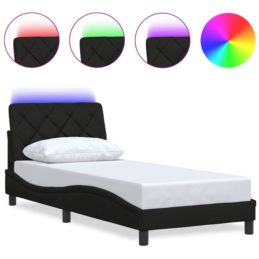 Estrutura de cama de solteiro para adultos com LED 80x200 cm tecido preto