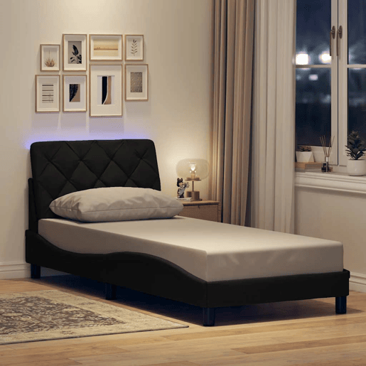 Estrutura de cama de solteiro para adultos com LED 80x200 cm tecido preto