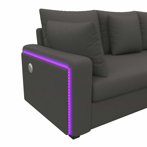 Sofá de canto em L com 5 lugares - LED, porta USB, tecido de veludo cotelê macio e almofadas incluídas - Cinza