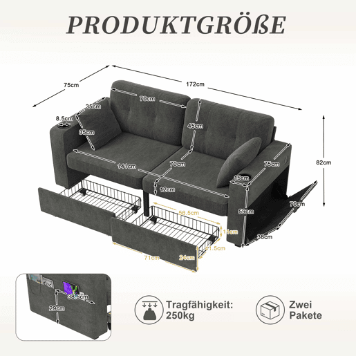 Sofá de 2 lugares - com arrumação, porta-USB, porta-copos e bolsos laterais - cinzento