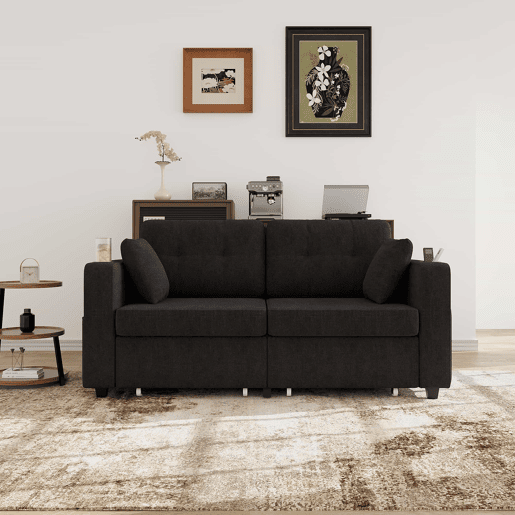 Sofá de 2 lugares - com arrumação, porta-USB, porta-copos e bolsos laterais - preto