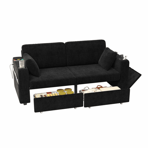 Sofá de 2 lugares - com arrumação, porta-USB, porta-copos e bolsos laterais - preto