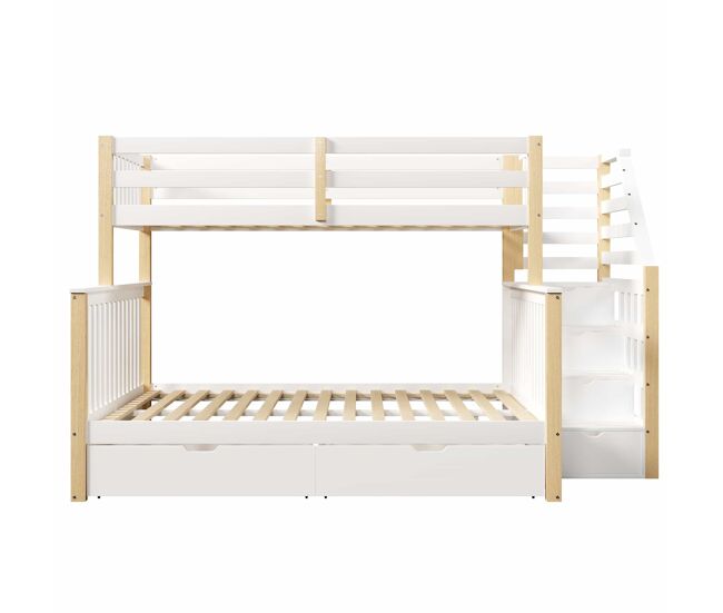 Cama litera 90x200 cm y 140x200 cm - con cajones, almacenamiento, multifuncional - blanco + natural