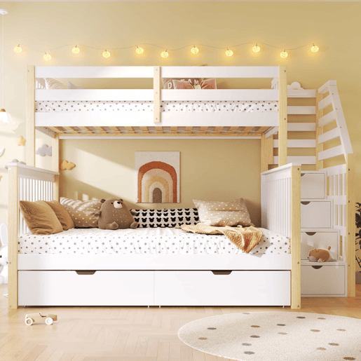 Cama de beliche 90x200 cm e 140x200 cm - Com gavetas, arrumação, multifuncional - Branco + Natural