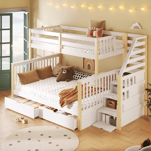 Cama de beliche 90x200 cm e 140x200 cm - Com gavetas, arrumação, multifuncional - Branco + Natural