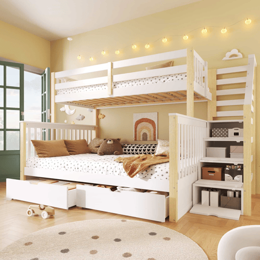 Cama de beliche 90x200 cm e 140x200 cm - Com gavetas, arrumação, multifuncional - Branco + Natural