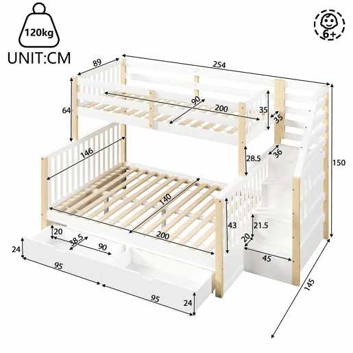 Cama de beliche 90x200 cm e 140x200 cm - Com gavetas, arrumação, multifuncional - Branco + Natural