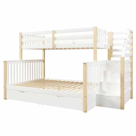 Cama de beliche 90x200 cm e 140x200 cm - Com gavetas, arrumação, multifuncional - Branco + Natural