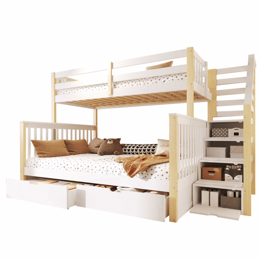 Cama de beliche 90x200 cm e 140x200 cm - Com gavetas, arrumação, multifuncional - Branco + Natural