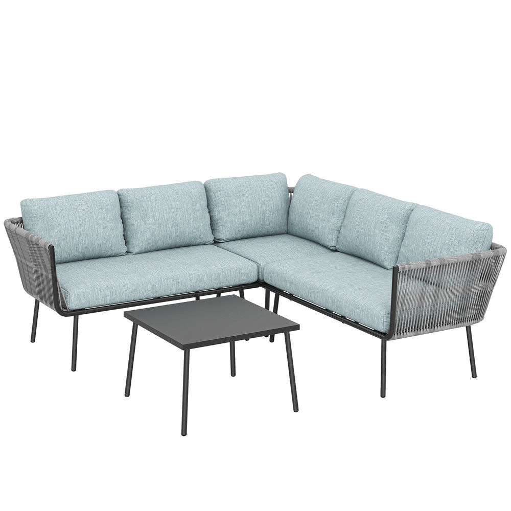 Outsunny conjunto de muebles de ratán 4 piezas con marco de aluminio set de muebles de jardín 2 sofá de 2 plazas sofá de esquina mesa de centro con 6 cojines acolchados para exterior patio azul claro