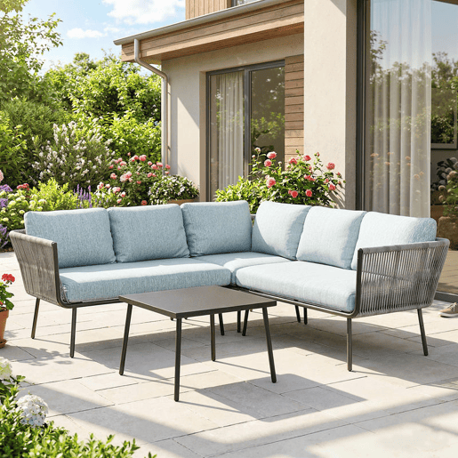 Outsunny Conjunto de Móveis de Jardim em Ratã 4 Peças com Estrutura de Alumínio 2 Sofás Duplos Sofá de Canto Mesa de Centro com 6 Almofadas Acolchoadas para Exterior Terraço Azul Claro