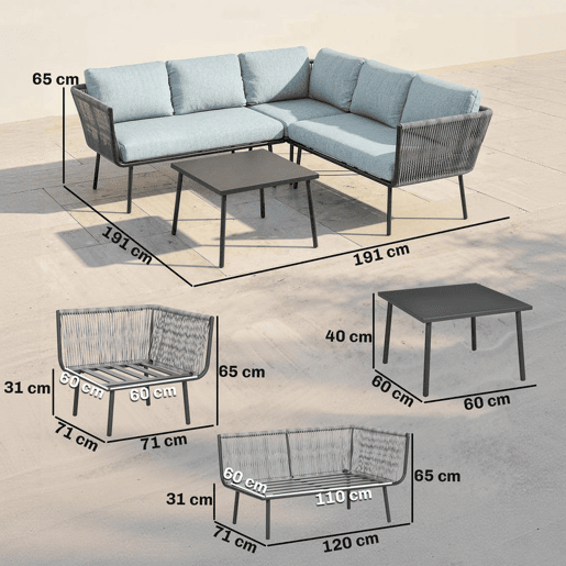 Outsunny Conjunto de Móveis de Jardim em Ratã 4 Peças com Estrutura de Alumínio 2 Sofás Duplos Sofá de Canto Mesa de Centro com 6 Almofadas Acolchoadas para Exterior Terraço Azul Claro