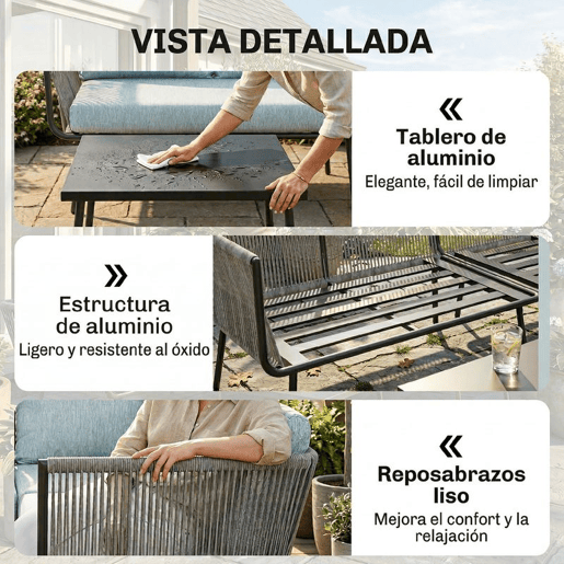 Outsunny Conjunto de Móveis de Jardim em Ratã 4 Peças com Estrutura de Alumínio 2 Sofás Duplos Sofá de Canto Mesa de Centro com 6 Almofadas Acolchoadas para Exterior Terraço Azul Claro
