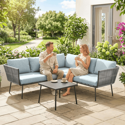 Outsunny Conjunto de Móveis de Jardim em Ratã 4 Peças com Estrutura de Alumínio 2 Sofás Duplos Sofá de Canto Mesa de Centro com 6 Almofadas Acolchoadas para Exterior Terraço Azul Claro