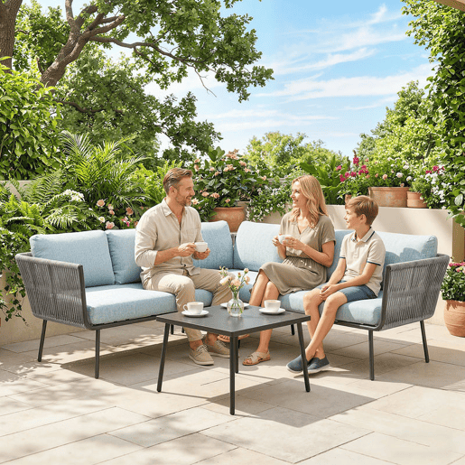 Outsunny Conjunto de Móveis de Jardim em Ratã 4 Peças com Estrutura de Alumínio 2 Sofás Duplos Sofá de Canto Mesa de Centro com 6 Almofadas Acolchoadas para Exterior Terraço Azul Claro