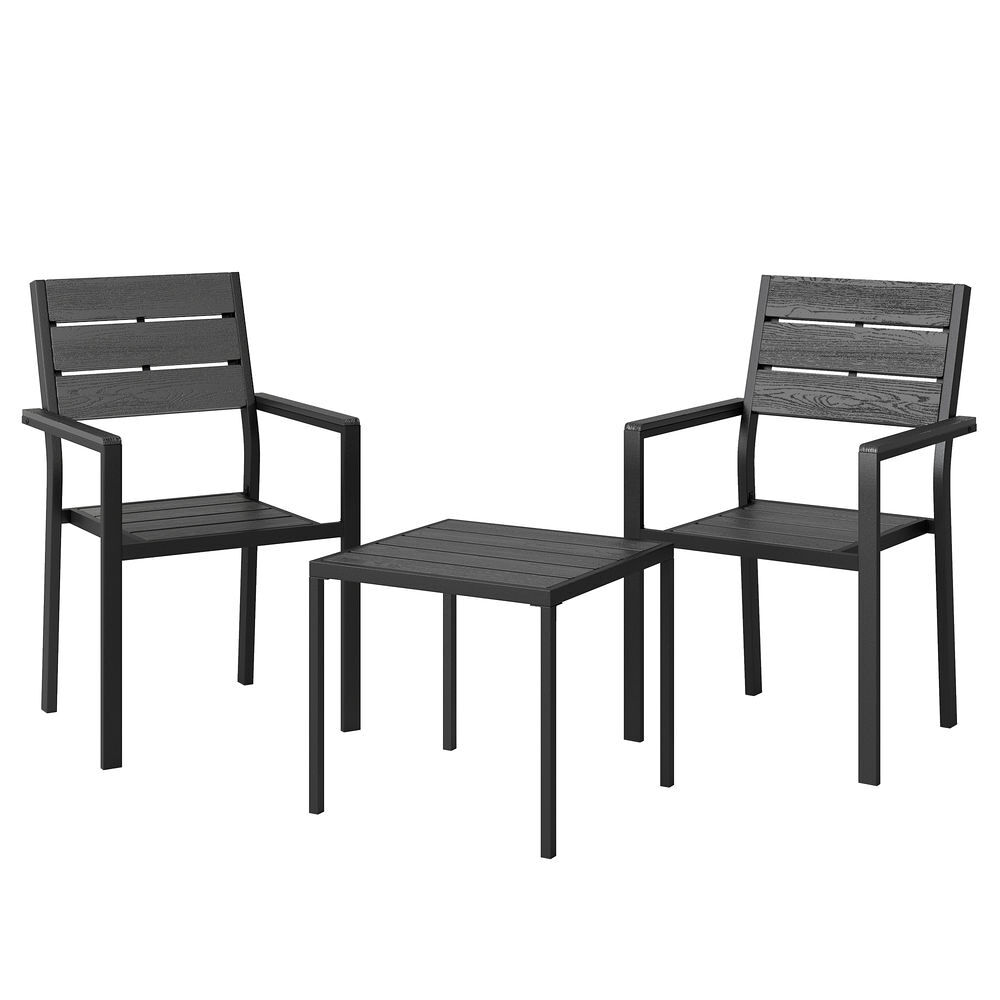 Outsunny conjunto de mesa y sillas de terraza exterior de 3 piezas muebles de jardín exterior con 2 sillas y mesa de hdpe diseño listones efecto madera marco metal resistente para patio balcón negro