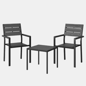 Outsunny Conjunto de Mesa e Cadeiras de Terraço Exterior de 3 Peças Móveis de Jardim com 2 Cadeiras e Mesa de HDPE Design com Ripas Efeito Madeira Estrutura Metálica Resistente para Varanda Preto