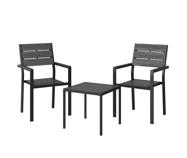 Outsunny conjunto de mesa y sillas de terraza exterior de 3 piezas muebles de jardín exterior con 2 sillas y mesa de hdpe diseño listones efecto madera marco metal resistente para patio balcón negro