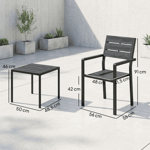 Outsunny Conjunto de Mesa e Cadeiras de Terraço Exterior de 3 Peças Móveis de Jardim com 2 Cadeiras e Mesa de HDPE Design com Ripas Efeito Madeira Estrutura Metálica Resistente para Varanda Preto