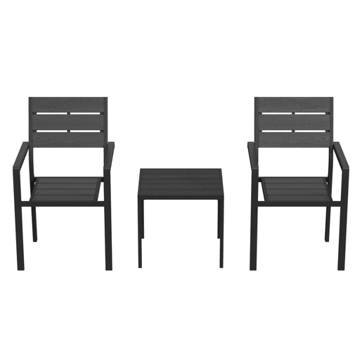 Outsunny Conjunto de Mesa e Cadeiras de Terraço Exterior de 3 Peças Móveis de Jardim com 2 Cadeiras e Mesa de HDPE Design com Ripas Efeito Madeira Estrutura Metálica Resistente para Varanda Preto