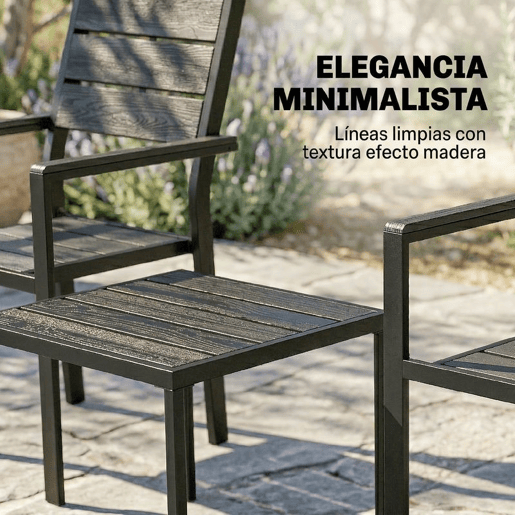Outsunny Conjunto de Mesa e Cadeiras de Terraço Exterior de 3 Peças Móveis de Jardim com 2 Cadeiras e Mesa de HDPE Design com Ripas Efeito Madeira Estrutura Metálica Resistente para Varanda Preto