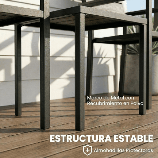 Outsunny Conjunto de Mesa e Cadeiras de Terraço Exterior de 3 Peças Móveis de Jardim com 2 Cadeiras e Mesa de HDPE Design com Ripas Efeito Madeira Estrutura Metálica Resistente para Varanda Preto
