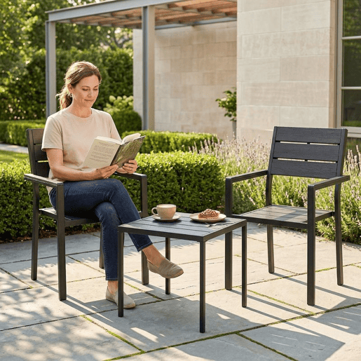 Outsunny Conjunto de Mesa e Cadeiras de Terraço Exterior de 3 Peças Móveis de Jardim com 2 Cadeiras e Mesa de HDPE Design com Ripas Efeito Madeira Estrutura Metálica Resistente para Varanda Preto
