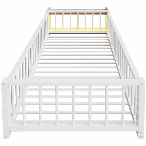 Cama baixa 90x200 cm - com grade de segurança, sem colchão, com compartimentos e luzes LED - Branco