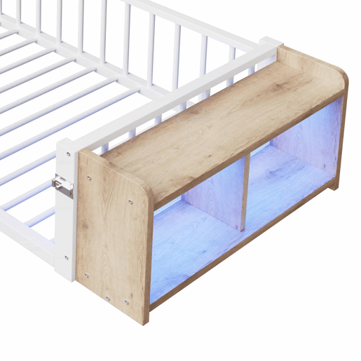 Cama baixa 90x200 cm - com grade de segurança, sem colchão, com compartimentos e luzes LED - Branco
