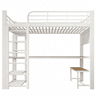 Cama alta 140×200 cm - Estrutura metálica, com grelha para pendurar objetos, faixa de LED, escadas com espaço de arrumação, sem colchão - Branco