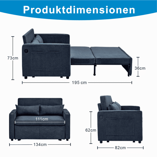 Sofá-cama de 2 lugares 3 em 1 - Design minimalista, mecanismo deslizante, porta USB, ideal para sestas - Azul-marinho