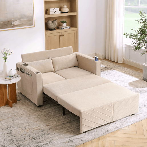 Sofá-cama de 2 lugares 3 em 1 - Design minimalista e elegante, mecanismo deslizante, porta USB, perfeito para sestas - Bege