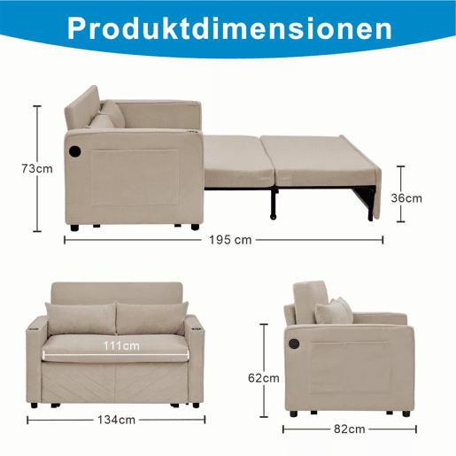 Sofá-cama de 2 lugares 3 em 1 - Design minimalista e elegante, mecanismo deslizante, porta USB, perfeito para sestas - Bege