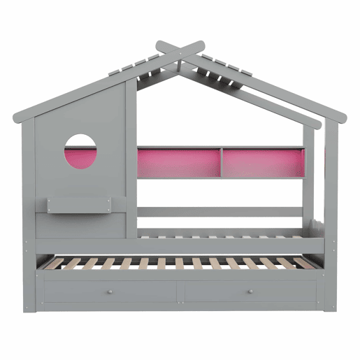 Cama infantil 90x200 - Cama extraível 90x190, design em forma de casa, com duas gavetas, portas USB e Type-C, LED, prateleiras, cama multifuncional - Cinza