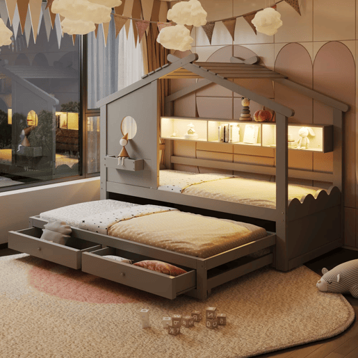 Cama infantil 90x200 - Cama extraível 90x190, design em forma de casa, com duas gavetas, portas USB e Type-C, LED, prateleiras, cama multifuncional - Cinza