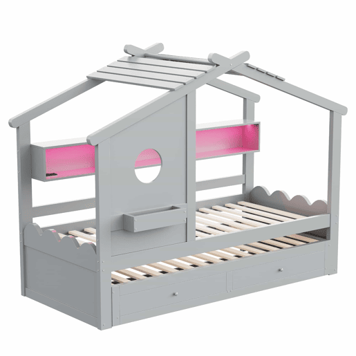 Cama infantil 90x200 - Cama extraível 90x190, design em forma de casa, com duas gavetas, portas USB e Type-C, LED, prateleiras, cama multifuncional - Cinza