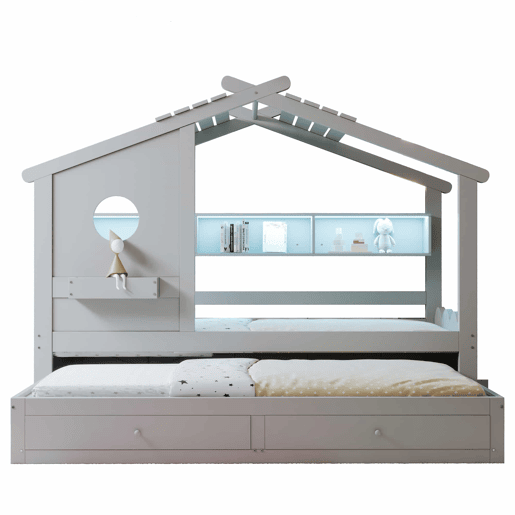 Cama infantil 90x200 - Cama extraível 90x190, design em forma de casa, com duas gavetas, portas USB e Type-C, LED, prateleiras, cama multifuncional - Cinza