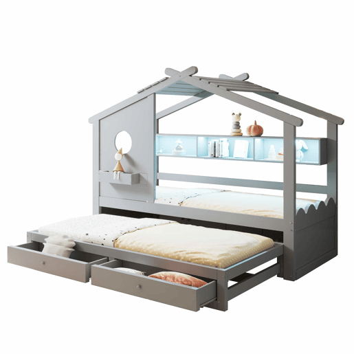 Cama infantil 90x200 - Cama extraível 90x190, design em forma de casa, com duas gavetas, portas USB e Type-C, LED, prateleiras, cama multifuncional - Cinza