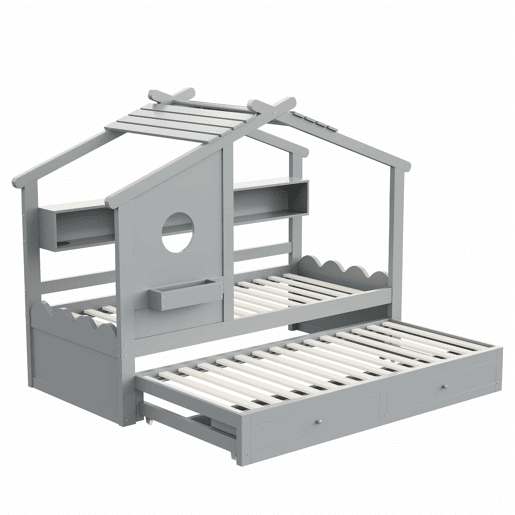 Cama infantil 90x200 - Cama extraível 90x190, design em forma de casa, com duas gavetas, portas USB e Type-C, LED, prateleiras, cama multifuncional - Cinza