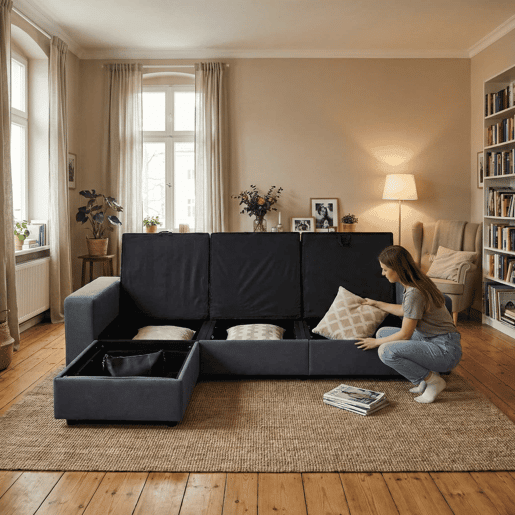 Sofá de canto de 3 lugares - multifuncional, com 4 compartimentos de arrumação, chaise longue, confortável - cinzento escuro