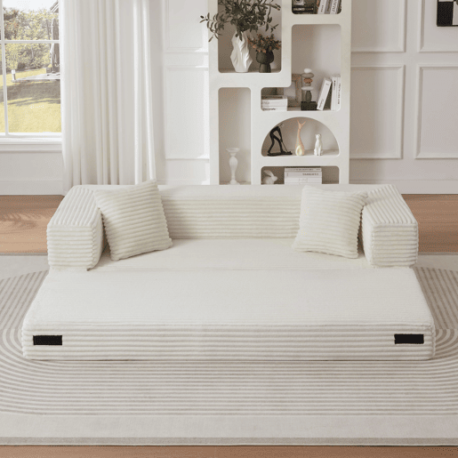Sofá Cord de 3 lugares - Design moderno, formato quadrado clássico, design exclusivo de duas camadas, transformável em cama - Branco