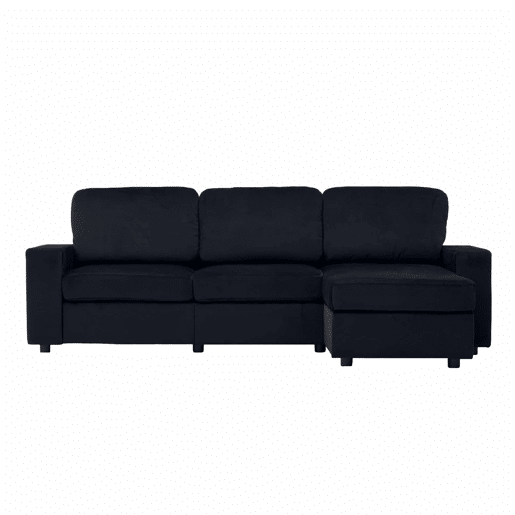 Sofá de canto de 3 lugares - com arrumação, chaise longue, molas ensacadas, capas removíveis, design moderno - preto