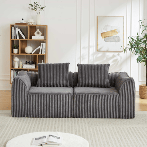 Sofá minimalista de 2 lugares - Linhas curvas e encosto ligeiramente inclinado, inclui 2 almofadas - Cinza