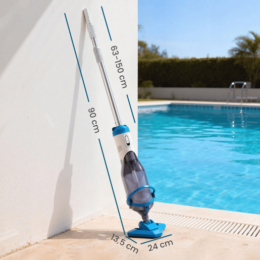 Outsunny Limpa-Fundos de Piscina a Bateria Aspirador de Piscina Sem Fios com Escova Cabo Telescópico 63-150 cm Aspirador Manual para Piscinas Pequenas Tanques 60 Minutos de Limpeza Azul